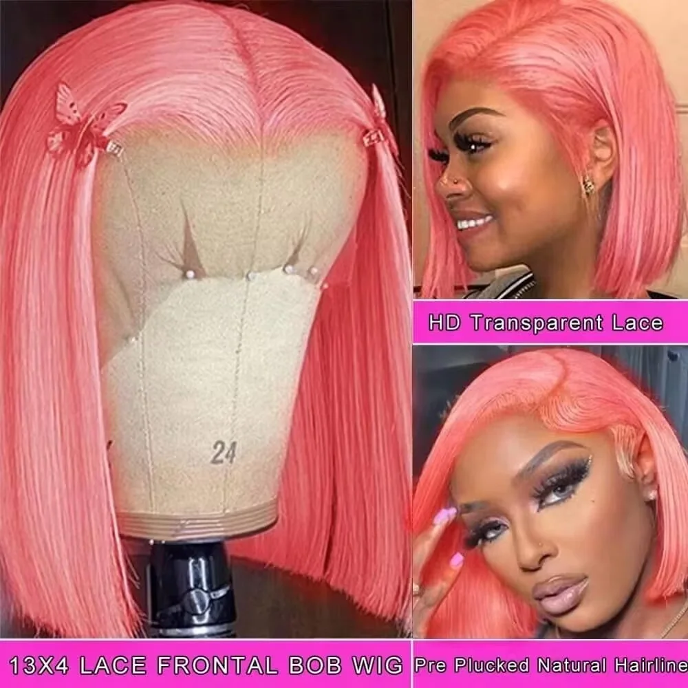 Pre Parted 13X4 Lace Front Bob Wig - Perruque courte rose de 10 pouces,